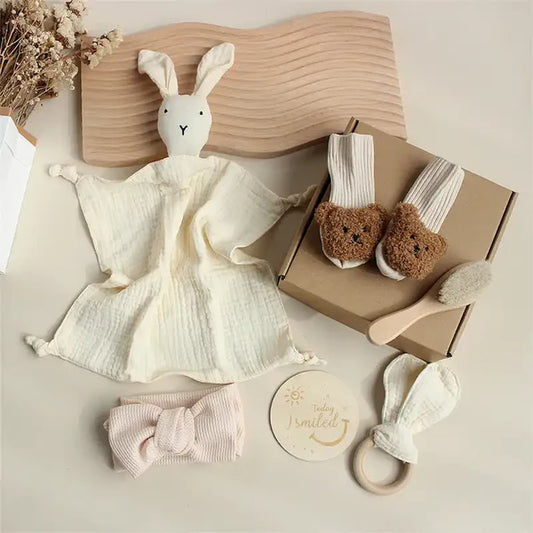 Celebrate Precious Moments with the 6 PCS Baby Wooden Rattle Brush Rabbit Towel Gift Set