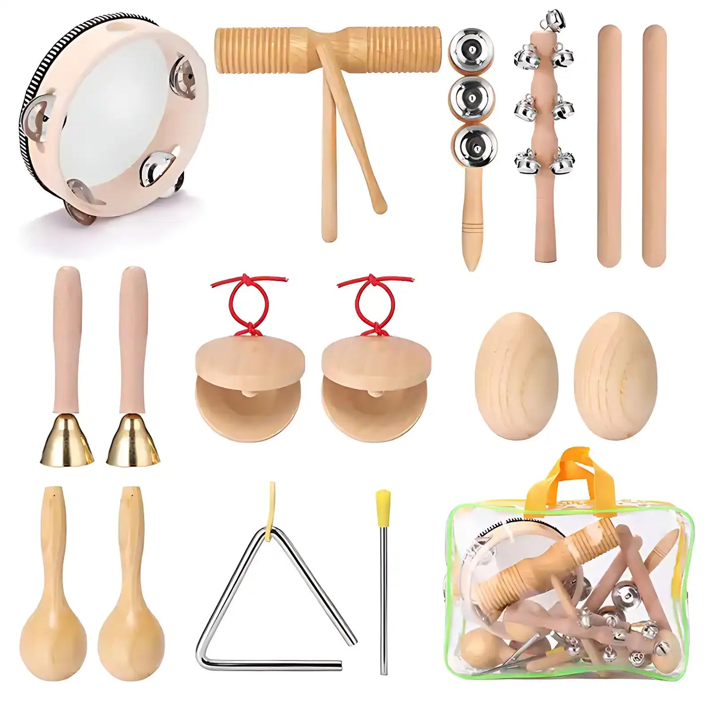 10-Piece Natural Wooden Percussion Set with Carry Bag - CutePopToy