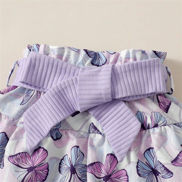 Baby Girl Butterfly Print Outfit with Ruffled Skirt and Headbands - CutePopToy