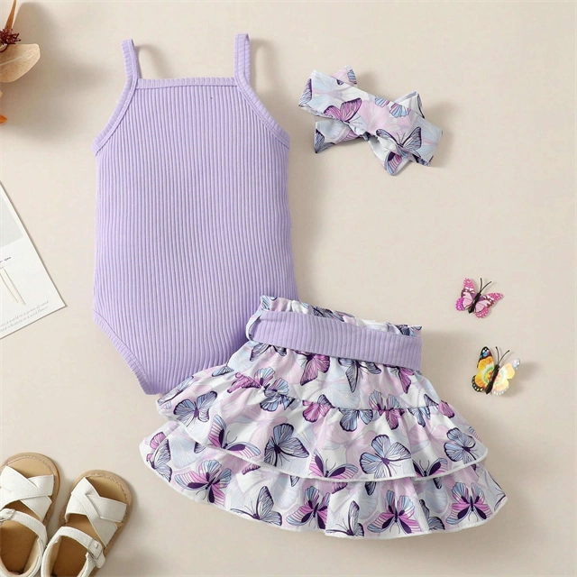 Baby Girl Butterfly Print Outfit with Ruffled Skirt and Headbands - CutePopToy