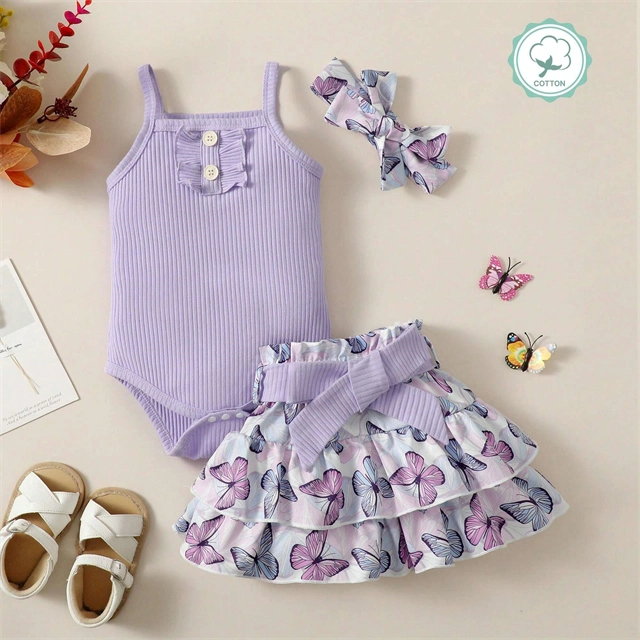 Baby Girl Butterfly Print Outfit with Ruffled Skirt and Headbands - CutePopToy