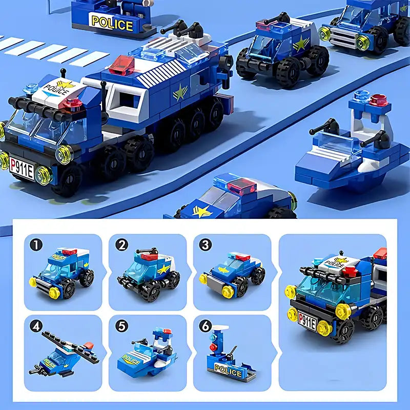 6-in-1 City Police Car Mini Building Set for Kids - CutePopToy