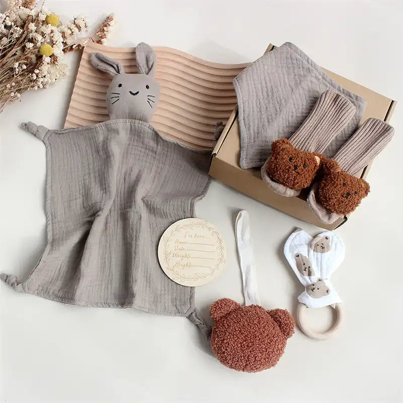 6 PCS Baby Wooden Rattle Brush Rabbit Towel Gift Set - CutePopToy