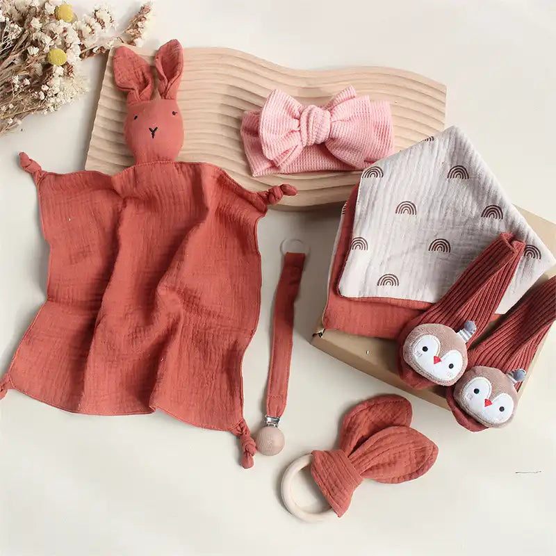 6 PCS Baby Wooden Rattle Brush Rabbit Towel Gift Set - CutePopToy