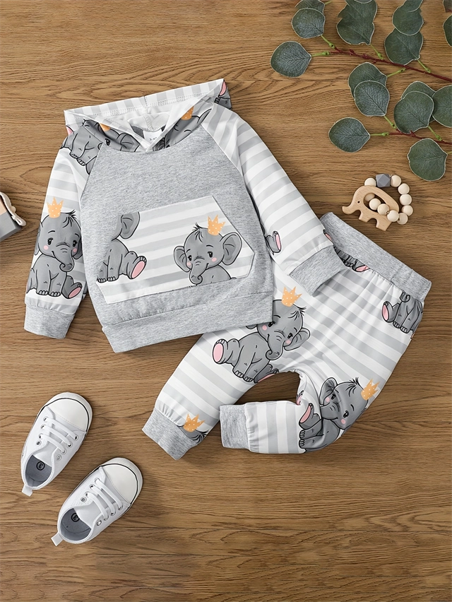 Baby Elephant Print Hooded Top and Pants Set - CutePopToy