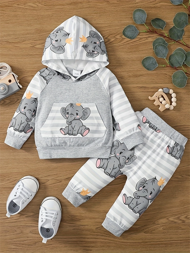 Baby Elephant Print Hooded Top and Pants Set - CutePopToy