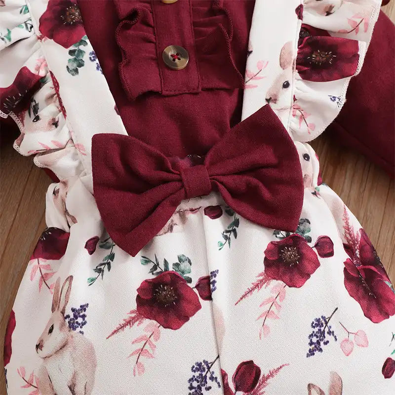 Baby Girl Ruffle Bunny Romper + Flower Pants +Bow Headband - 3PCS