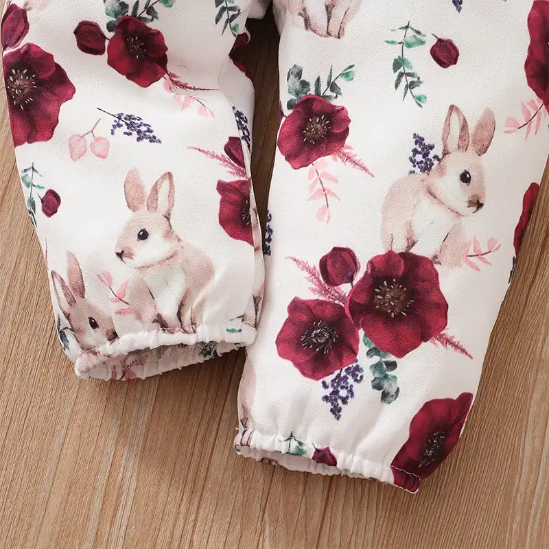 Baby Girl Ruffle Bunny Romper + Flower Pants +Bow Headband - 3PCS