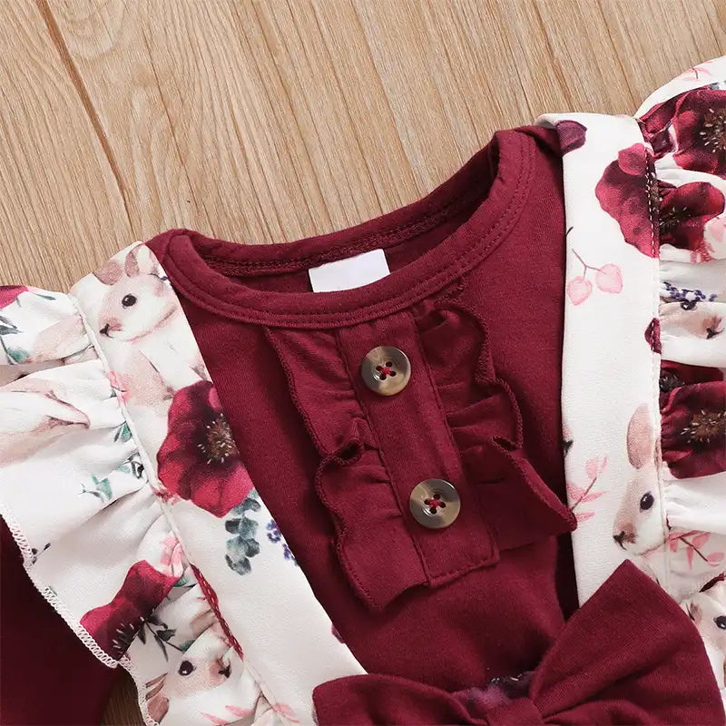 Baby Girl Ruffle Bunny Romper + Flower Pants +Bow Headband - 3PCS