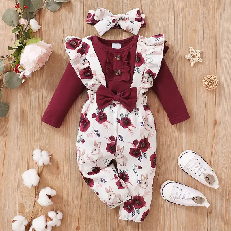 Baby Girl Ruffle Bunny Romper + Flower Pants +Bow Headband - 3PCS