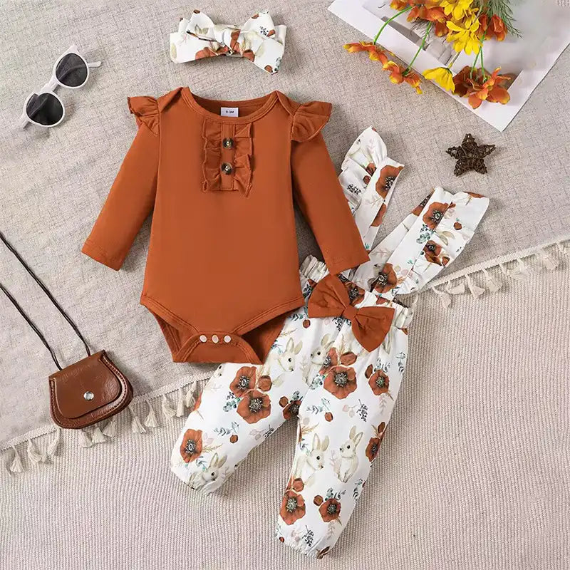 Baby Girl Ruffle Bunny Romper + Flower Pants +Bow Headband - 3PCS