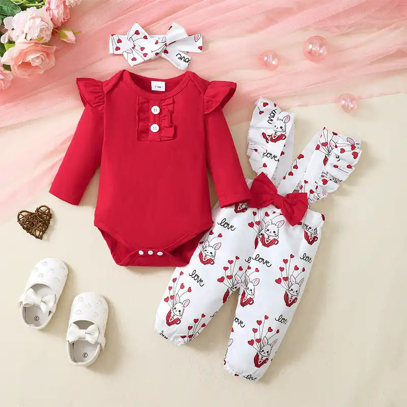 Baby Girl Ruffle Bunny Romper + Flower Pants +Bow Headband - 3PCS