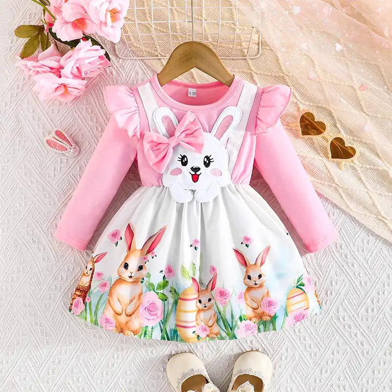 Cute Bunny Embroidered Dress with Bows for Baby Girls