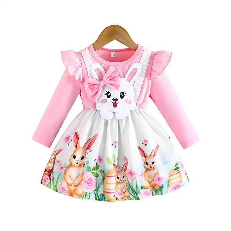 Cute Bunny Embroidered Dress with Bows for Baby Girls