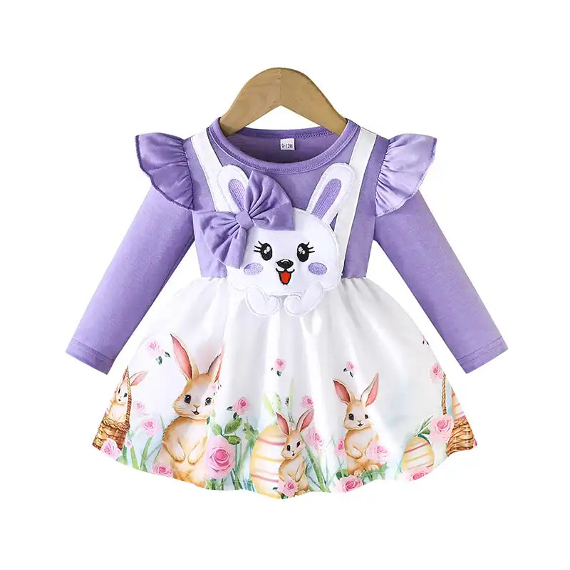 Cute Bunny Embroidered Dress with Bows for Baby Girls
