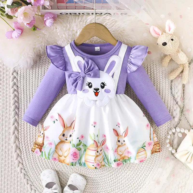 Cute Bunny Embroidered Dress with Bows for Baby Girls
