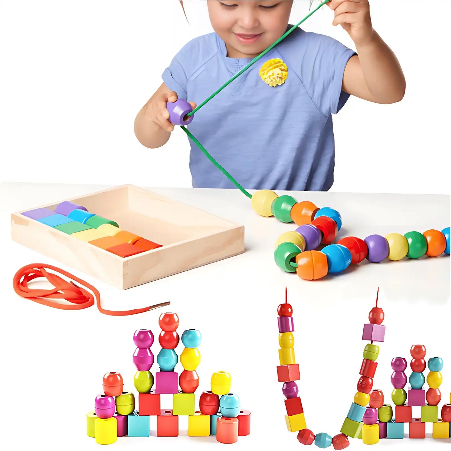Montessori Rainbow Wooden Beaded Playset - CutePopToy
