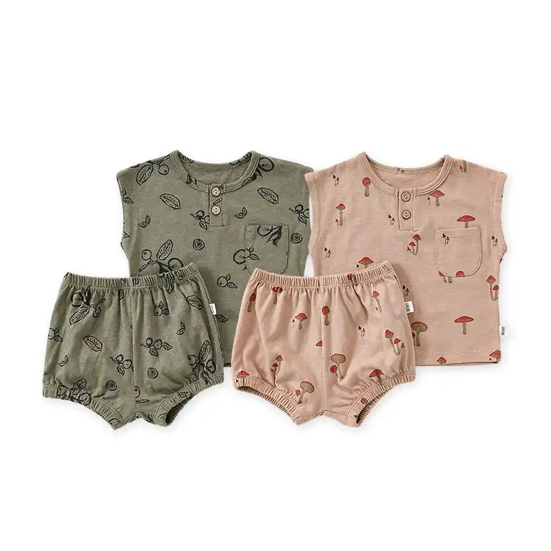 Summer Pastoral Style Toddler Sleeveless Crew Neck Vest and Shorts Suit