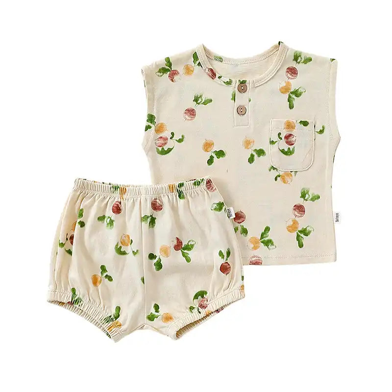 Summer Pastoral Style Toddler Sleeveless Crew Neck Vest and Shorts Suit