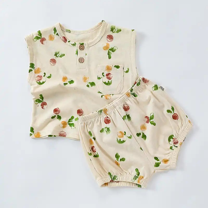 Summer Pastoral Style Toddler Sleeveless Crew Neck Vest and Shorts Suit