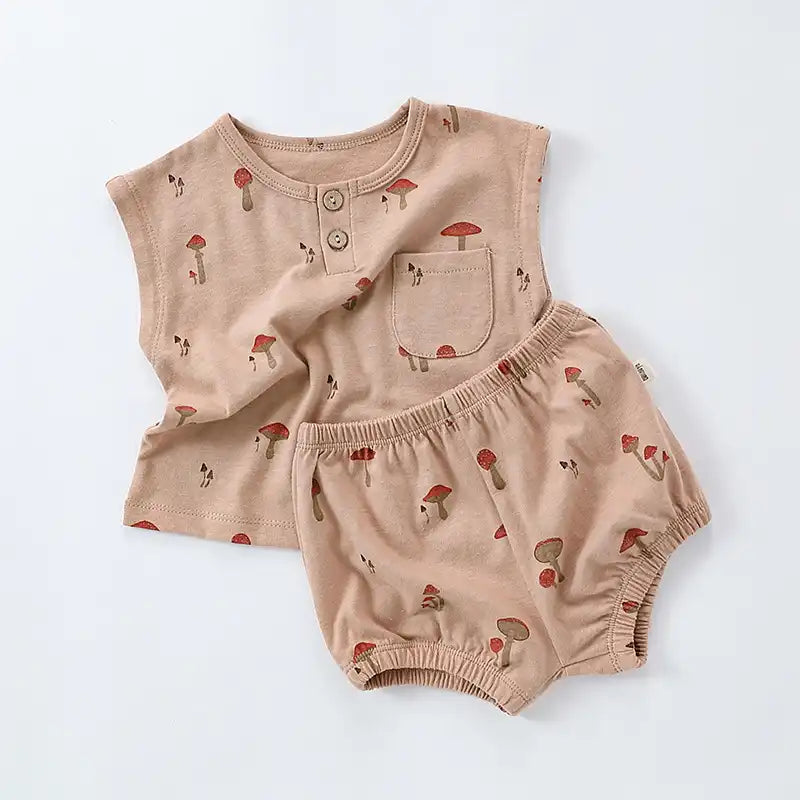 Summer Pastoral Style Toddler Sleeveless Crew Neck Vest and Shorts Suit