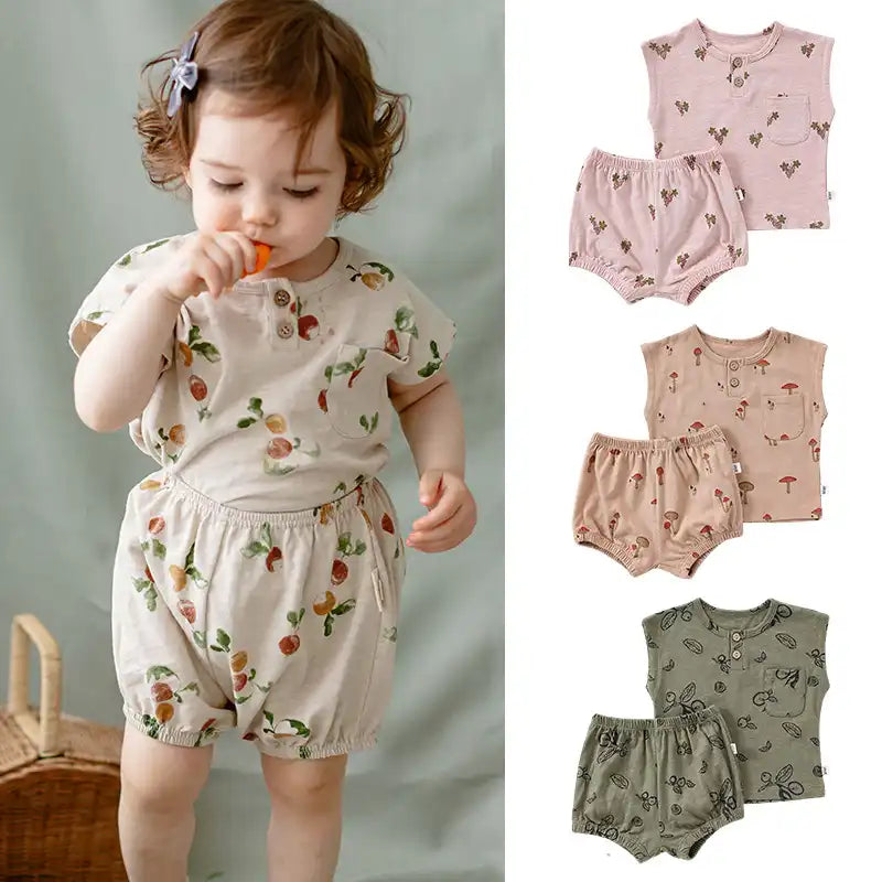 Summer Pastoral Style Toddler Sleeveless Crew Neck Vest and Shorts Suit