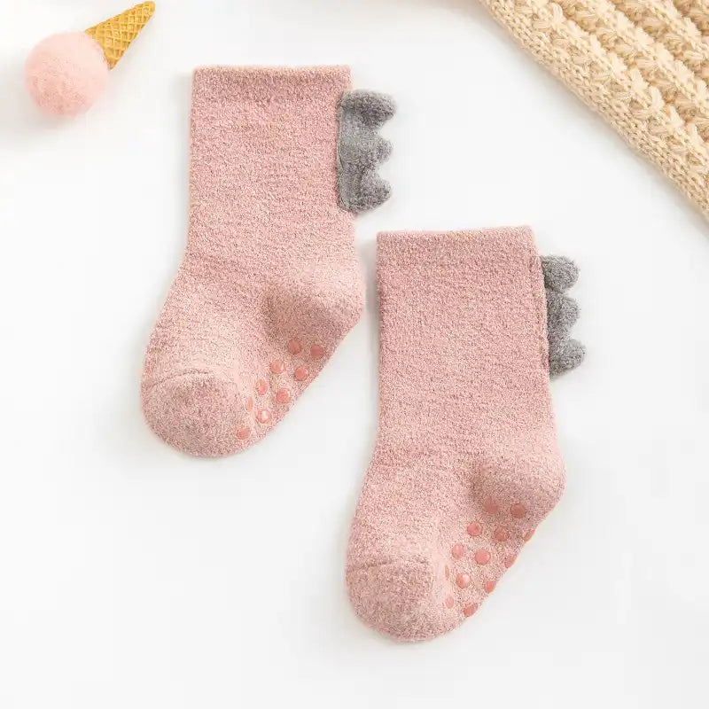 Thickened Soft Coral Fleece Baby Socks Cute Cartoon Dinosaur Boys Girls Non-slip Socks - CutePopToy