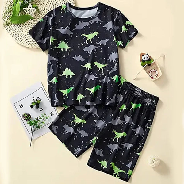 Toddler Boys Dinosaur Print Short Sleeve Tee and Elastic Waist Shorts - CutePopToy