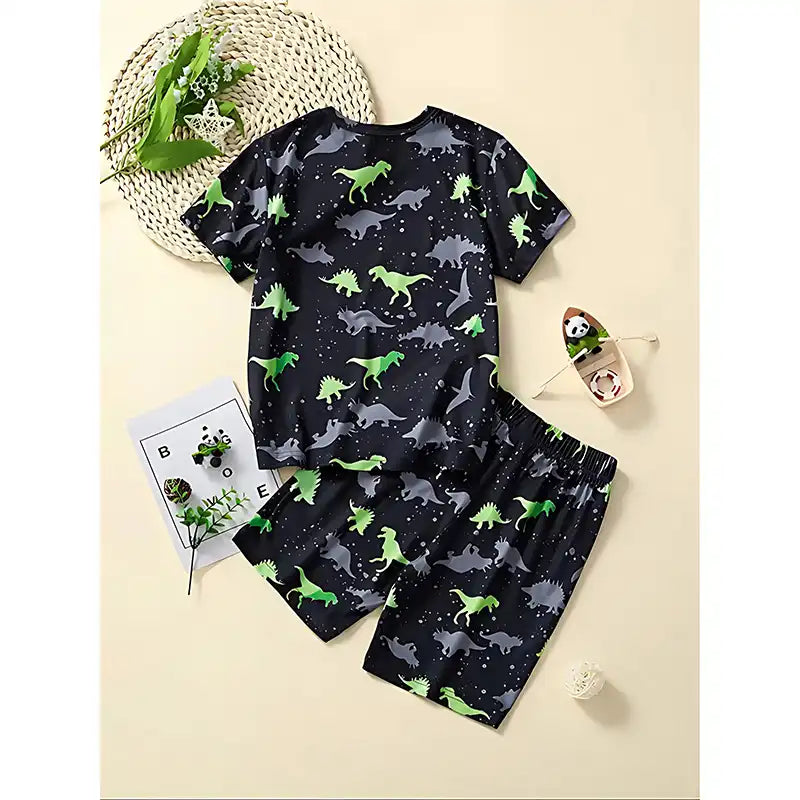 Toddler Boys Dinosaur Print Short Sleeve Tee and Elastic Waist Shorts - CutePopToy