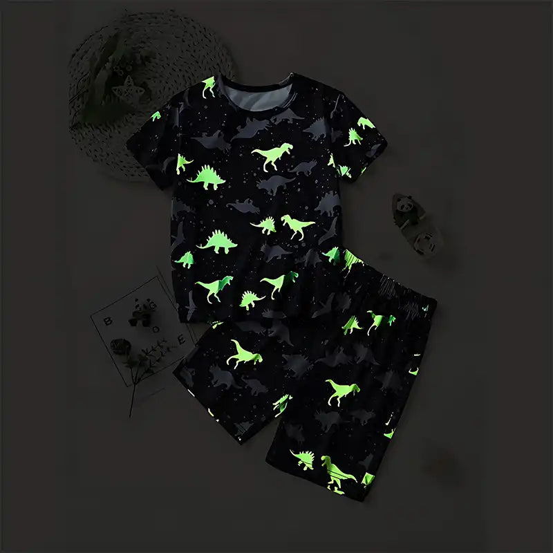 Toddler Boys Dinosaur Print Short Sleeve Tee and Elastic Waist Shorts - CutePopToy