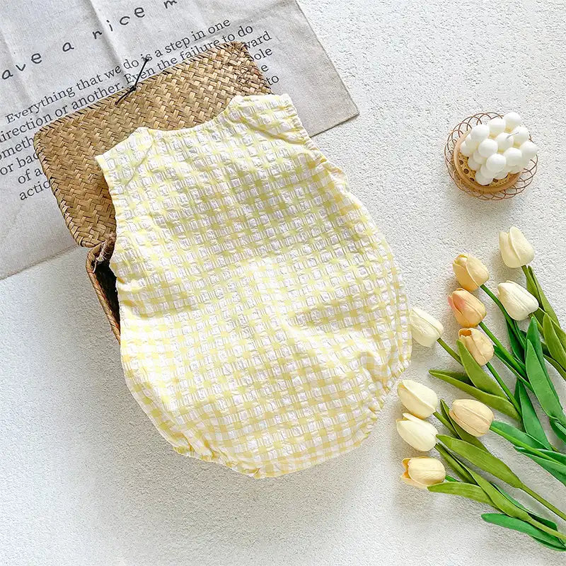 Vintage Yellow Checkered Baby Cotton Romper