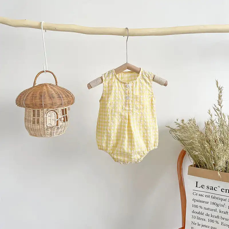Vintage Yellow Checkered Baby Cotton Romper
