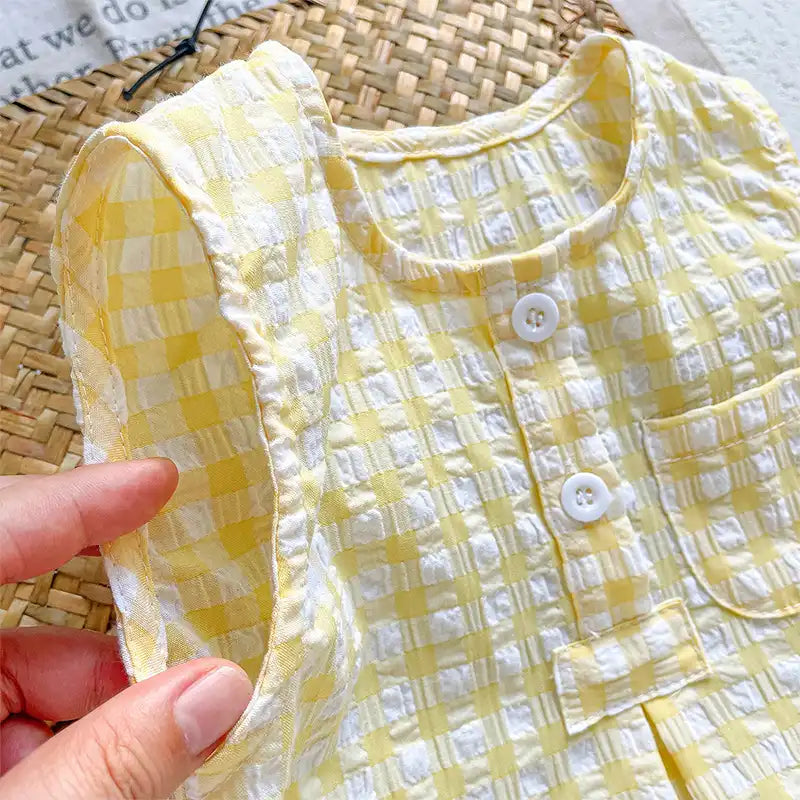 Vintage Yellow Checkered Baby Cotton Romper