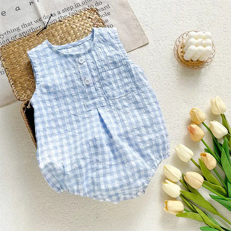 Vintage Yellow Checkered Baby Cotton Romper