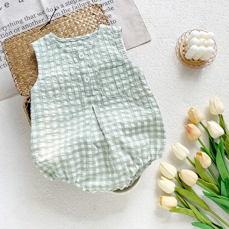 Vintage Yellow Checkered Baby Cotton Romper
