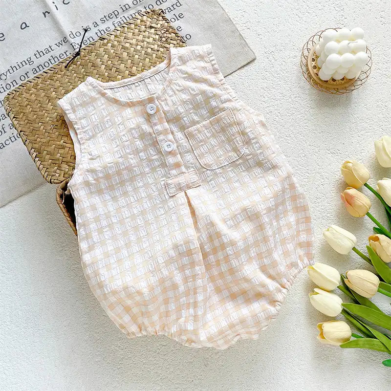 Vintage Yellow Checkered Baby Cotton Romper