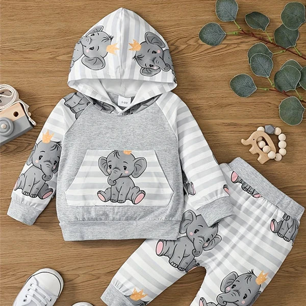 Baby Elephant Print Hooded Top & Pants Set: Comfort & Cuteness Combined!