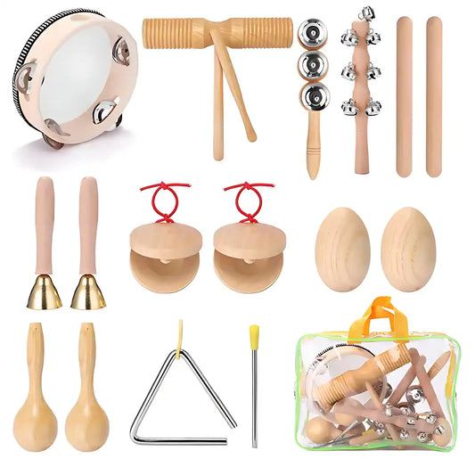 10-Piece Natural Wooden Percussion Set with Carry Bag