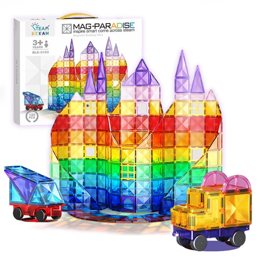 120PCS Magnetic Tiles Set with 2 Cars, Magnetic Building Tiles for Kids