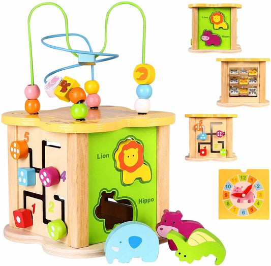 6-in-1 Montessori Toy Wooden Bead Maze Activity Cube