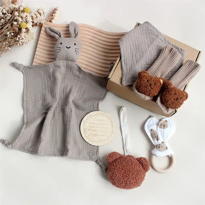 6 PCS Baby Wooden Rattle Brush Rabbit Towel Gift Set