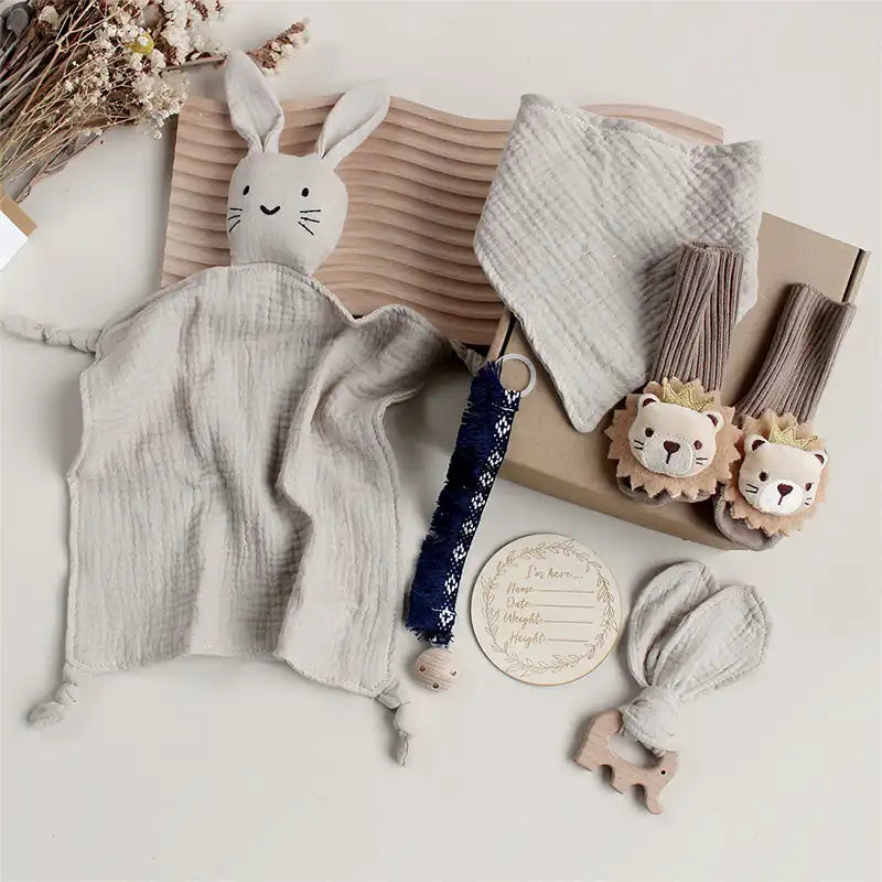 6 PCS Baby Wooden Rattle Brush Rabbit Towel Gift Set