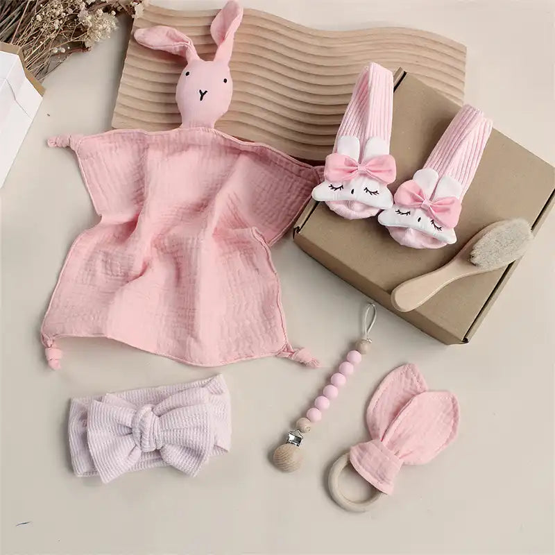 6 PCS Baby Wooden Rattle Brush Rabbit Towel Gift Set