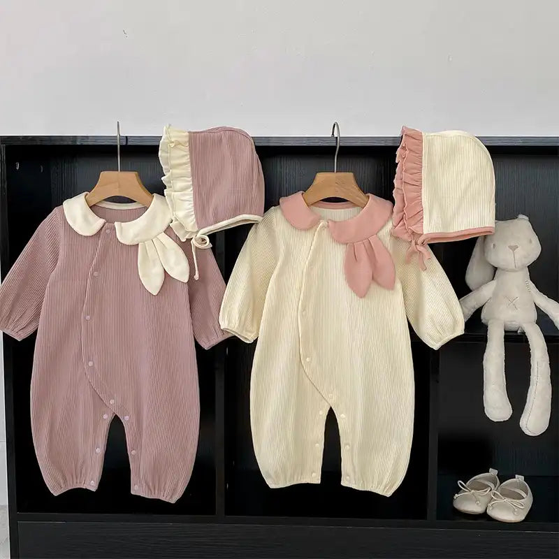 Cute Lapel Rabbit Ears Baby Bodysuit with Hat