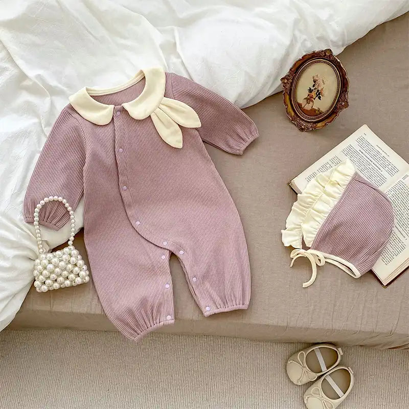 Cute Lapel Rabbit Ears Baby Bodysuit with Hat