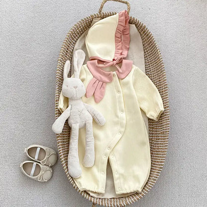 Cute Lapel Rabbit Ears Baby Bodysuit with Hat