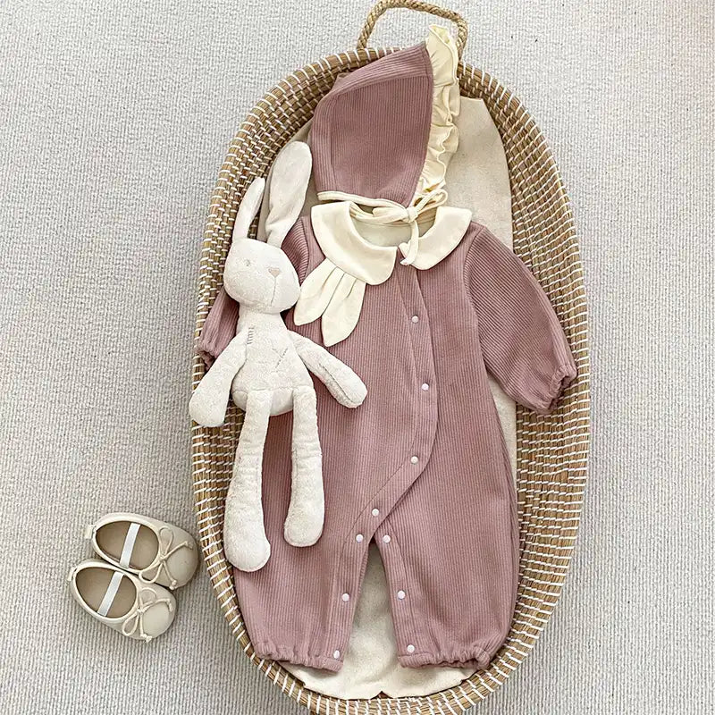 Cute Lapel Rabbit Ears Baby Bodysuit with Hat