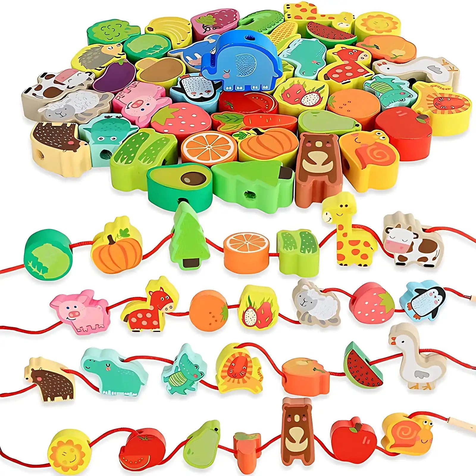 Montessori Wooden Stringing Animals, Fruits and Vegetables - CutePopToy