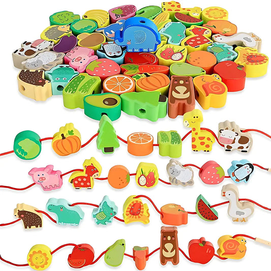 Montessori Wooden Stringing Animals, Fruits and Vegetables - CutePopToy