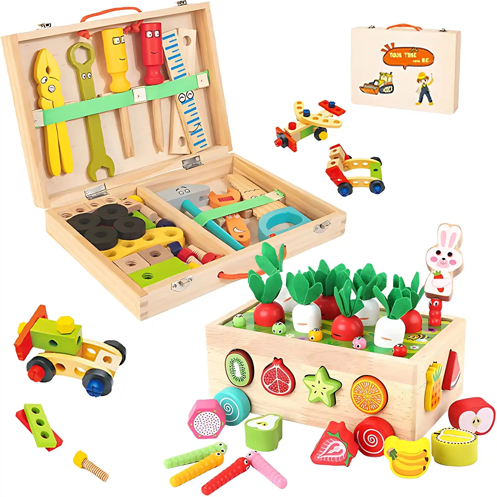 Montessori Wooden Tool Set Toys & Garden Shape Sorter Play Kit - CutePopToy